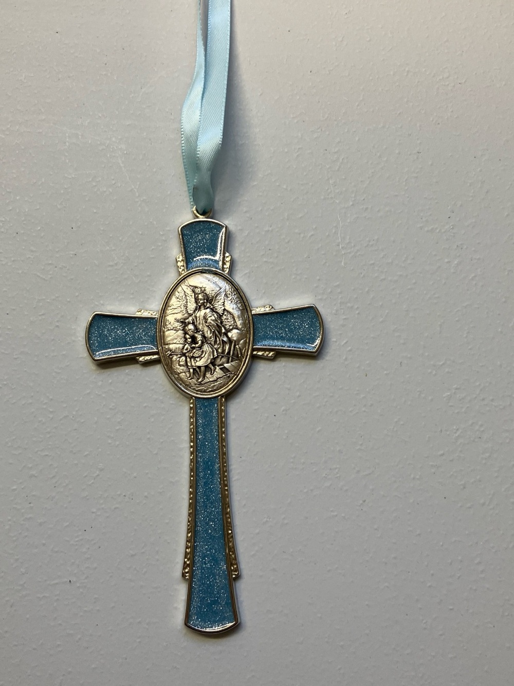 Guardian Angel Blue Crib Cross Silver Metal Enamel 4.5 inches